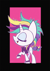 Size: 540x764 | Tagged: safe, artist:dori-to, imported from derpibooru, rarity, pony, unicorn, alternate hairstyle, chibi, clothes, eyes closed, female, mare, punk, raised hoof, raripunk, solo, spiked wristband, wristband