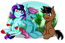 Size: 3050x2054 | Tagged: safe, artist:shamy-crist, imported from derpibooru, oc, oc only, oc:moonlight, oc:sunny crist, dracony, hybrid, pegasus, pony, unicorn, female, heterochromia, high res, male, mare, simple background, sitting, stallion, transparent background, tree