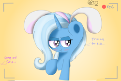 Size: 3663x2460 | Tagged: safe, artist:bronybehindthedoor, imported from derpibooru, trixie, pony, unicorn, blushing, bunny ears, camera shot, dialogue, embarrassed, frown, implied starlight glimmer, offscreen character, pun, raised hoof, silly, silly pony, silly rabbit