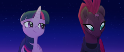 Size: 1920x804 | Tagged: safe, imported from derpibooru, screencap, tempest shadow, twilight sparkle, alicorn, pony, unicorn, my little pony: the movie, bedroom eyes, broken horn, eye scar, night, rainbow (song), scar, smiling, stars, twilight sparkle (alicorn)