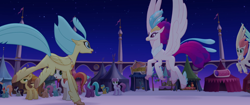 Size: 1920x804 | Tagged: safe, imported from derpibooru, screencap, bell perin, blackberry scarf, chocolate apple, dawn sunrays, haven bay, princess skystar, queen novo, classical hippogriff, earth pony, hippogriff, pegasus, pony, my little pony: the movie, background pony, canterlot, feathered fetlocks, female, flying, landing, male, mare, market, mother and daughter, rainbow (song), reunion, running, stallion, unnamed character, unnamed pony, wings