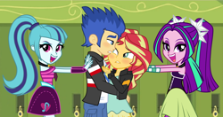 Size: 4240x2232 | Tagged: safe, artist:favoriteartman, artist:flashimmer, artist:mixiepie, artist:themexicanpunisher, imported from derpibooru, aria blaze, flash sentry, sonata dusk, sunset shimmer, equestria girls, aria the shipper, blushing, canterlot high, clothes, female, flashimmer, lockers, male, pure unfiltered evil, shipper on deck, shipping, sonata the shipper, straight