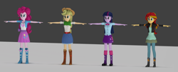 Size: 3562x1434 | Tagged: safe, artist:sindroom, imported from derpibooru, applejack, pinkie pie, sunset shimmer, twilight sparkle, equestria girls, 3d, 3d model, source filmmaker, t pose, wip