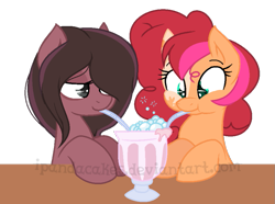 Size: 885x657 | Tagged: safe, artist:ipandacakes, imported from derpibooru, oc, oc only, oc:chimi cherry cheesecake, oc:humor mimi pie, earth pony, pony, base used, female, mare, milkshake, offspring, parent:cheese sandwich, parent:pinkie pie, parents:cheesepie, sharing a drink, simple background, sisters, straw, transparent background