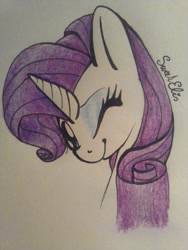 Size: 723x960 | Tagged: safe, artist:elisdoominika, imported from derpibooru, rarity, pony, unicorn, blinking, bust, female, mare, one eye closed, portrait, simple background, smiling, traditional art, wink