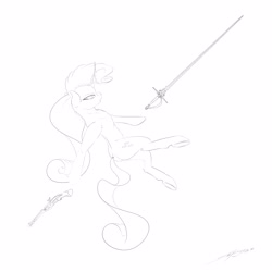 Size: 3000x3000 | Tagged: safe, artist:skitsniga, artist:skitsroom, imported from derpibooru, rarity, pony, unicorn, female, gun, mare, monochrome, simple background, sketch, solo, sword, weapon, white background