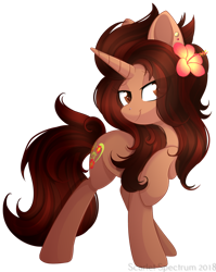 Size: 1024x1287 | Tagged: safe, artist:scarlet-spectrum, imported from derpibooru, oc, oc only, oc:bramble angel mele, pony, unicorn, female, flower, flower in hair, mare, simple background, smiling, solo, transparent background