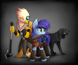 Size: 1024x862 | Tagged: safe, artist:scarlet-spectrum, imported from derpibooru, oc, oc only, oc:blue bat, oc:ember burd, dog, griffon, pony, axe, battle axe, chains, clothes, club, club (weapon), commission, griffon oc, mouth hold, spiked club, spikes, weapon