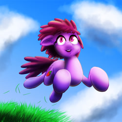 Size: 1200x1200 | Tagged: safe, artist:ikarooz, imported from derpibooru, berry punch, berryshine, earth pony, pony, cloud, female, grass, mare, sky, smiling, solo