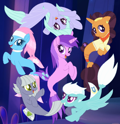 Size: 626x646 | Tagged: safe, artist:razorbladetheunicron, imported from derpibooru, amethyst star, fleetfoot, flitter, limestone pie, lotus blossom, saffron masala, sparkler, earth pony, pegasus, pony, seapony (g4), unicorn, lateverse, my little pony: the movie, alternate universe, base used, bow, clothes, cutie mark, ear piercing, earring, fins, group, headband, jewelry, necklace, necktie, piercing, seaponified, shirt, species swap, transformation, vexel, wonderbolts