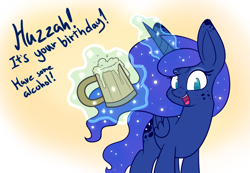 Size: 1300x900 | Tagged: safe, artist:heir-of-rick, imported from derpibooru, princess luna, alicorn, pony, alcohol, cider, female, freckles, glowing horn, looking at you, magic, mug, smiling, solo, tankard