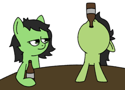 Size: 1000x718 | Tagged: safe, artist:greenwood, imported from derpibooru, oc, oc only, oc:colt anon, oc:filly anon, pony, alcohol, beer, bottle, colt, female, filly, male, simple background, table, transparent background