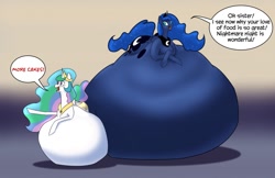 Size: 1280x828 | Tagged: safe, artist:redraster, imported from derpibooru, princess celestia, princess luna, belly, belly bed, big belly, cake, cakelestia, chubbylestia, fat, fetish, food, impossibly large belly, nightmare night, princess moonpig, stuffed