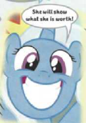 Size: 419x599 | Tagged: safe, imported from derpibooru, trixie, pony, cropped, cute, diatrixes, female, grin, happy, irrational exuberance, low quality, lowres, skill, smiling, solo, sweet dreams fuel, trixie n'abandonne jamais !, worth