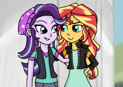 Size: 671x475 | Tagged: safe, artist:boushi33, imported from derpibooru, starlight glimmer, sunset shimmer, equestria girls, mirror magic, spoiler:eqg specials, beanie, clothes, duo, hat, jacket, leather jacket, looking at each other, pants, pedestal