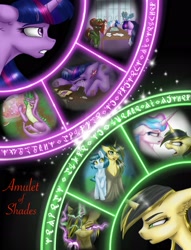 Size: 1950x2550 | Tagged: safe, artist:tillie-tmb, imported from derpibooru, princess celestia, princess luna, spike, twilight sparkle, oc, oc:meadow lark, oc:tempest, alicorn, earth pony, pony, unicorn, comic:the amulet of shades, comic cover, cover, crying, female, magic, mare, twilight sparkle (alicorn), written equestrian