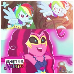 Size: 1080x1080 | Tagged: safe, edit, edited screencap, imported from derpibooru, screencap, gaea everfree, pinkie pie, rainbow dash, equestria girls, legend of everfree, alternate universe, instagram, multeity, too much pink energy is dangerous, vine, xk-class end-of-the-world scenario