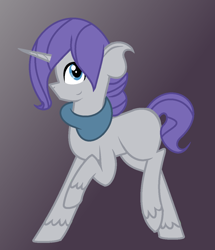 Size: 900x1048 | Tagged: safe, artist:rose-moonlightowo, imported from derpibooru, oc, oc only, pony, unicorn, clothes, gradient background, magical lesbian spawn, male, offspring, parent:maud pie, parent:rarity, parents:rarimaud, scarf, solo, stallion, unshorn fetlocks