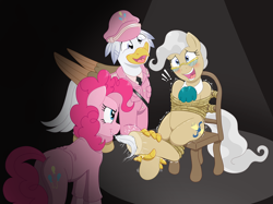 Size: 1428x1069 | Tagged: safe, artist:caroo, imported from derpibooru, mayor mare, pinkie pie, oc, oc:silver quill, blushing, bondage, butt, chair, clothes, fetish, hoof tickling, laughing, open mouth, plot, rope, rope bondage, smiling, squirming, tickle torture, tickling, tied up, underhoof, uniform