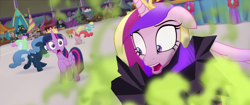 Size: 1920x804 | Tagged: safe, imported from derpibooru, screencap, cornsilk, princess cadance, twilight sparkle, alicorn, earth pony, pony, my little pony: the movie, background pony, canterlot, crown, female, friendship festival, gas, gem, jewelry, mare, market, petrification, raised hoof, regalia, running, scared, shocked, sisters-in-law, smog, stage, stone, twilight sparkle (alicorn), unnamed character, unnamed pony, you know for kids