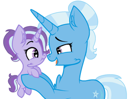 Size: 1024x792 | Tagged: safe, artist:semlandraw, imported from derpibooru, trixie, oc, pony, unicorn, chest fluff, duo, eye contact, female, filly, looking at each other, magical lesbian spawn, mare, mother and daughter, offspring, parent:starlight glimmer, parent:trixie, parents:startrix, simple background, white background