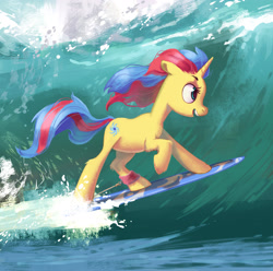 Size: 2345x2327 | Tagged: safe, artist:lis-alis, imported from derpibooru, oc, oc only, oc:stormfall drizzle, pony, unicorn, cute, female, mare, multicolored hair, multicolored mane, open mouth, raised hoof, smiling, solo, surfboard, surfing, water, wave