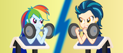 Size: 1024x441 | Tagged: safe, artist:mlp-trailgrazer, imported from derpibooru, indigo zap, rainbow dash, equestria girls, commission, duo, duo female, female, weight lifting
