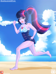 Size: 2300x3000 | Tagged: safe, artist:minusclass, imported from derpibooru, sci-twi, twilight sparkle, equestria girls, equestria girls series, forgotten friendship, ankles, barefoot, beach, breasts, busty twilight sparkle, clothes, cloud, cloudy, feet, female, looking at you, ocean, one eye closed, one-piece swimsuit, patreon, patreon logo, ponytail, running, sand, schrödinger's pantsu, sci-twi swimsuit, solo, swimsuit, wink