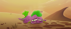 Size: 1920x804 | Tagged: safe, imported from derpibooru, screencap, spike, dragon, my little pony: the movie, bone dry desert, cactus, desert, exhausted, faic, male, solo, sweat