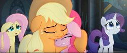 Size: 852x359 | Tagged: safe, imported from derpibooru, screencap, applejack, fluttershy, pinkie pie, rarity, earth pony, pegasus, pony, unicorn, my little pony: the movie, canterlot castle, comforting, crying, crying on the outside, eyes closed, female, floppy ears, hug, looking up, mare, sad