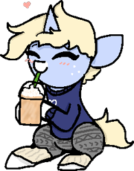 Size: 241x309 | Tagged: safe, artist:nootaz, imported from derpibooru, oc, oc only, oc:nootaz, pony, unicorn, clothes, coffee, drinking, female, happy, heart, leg warmers, mare, simple background, sweater, transparent background