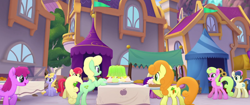 Size: 1920x804 | Tagged: safe, imported from derpibooru, screencap, apple bumpkin, apple honey, apple tarty, berry punch, berryshine, bon bon, carrot top, daisy, flower wishes, golden harvest, melody star, sweetie drops, earth pony, pony, unicorn, my little pony: the movie, apple family member, background pony, canterlot, cupcake, female, food, gelatin, mare, market, species swap, unnamed character, unnamed pony