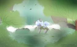 Size: 2600x1600 | Tagged: safe, artist:taligintou, imported from derpibooru, oc, oc only, original species, pond pony, pony, dancing, female, forest, mare, pond, rock, solo, tree, water, waterfall