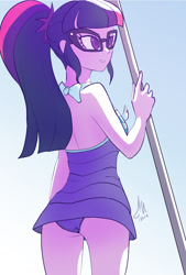 Size: 1033x1530 | Tagged: safe, artist:grissaecrim, artist:raikoh, imported from derpibooru, sci-twi, twilight sparkle, equestria girls, equestria girls series, forgotten friendship, ass, attached skirt, bow swimsuit, butt, clothes, dress, female, glasses, gradient background, one-piece swimsuit, open-back swimsuit, ponytail, purple swimsuit, sci-twi swimsuit, sci-twibutt, simple background, solo, striped swimsuit, swimsuit, twibutt, wedgie