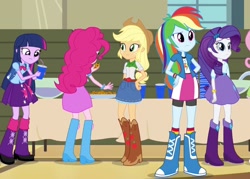 Size: 1512x1080 | Tagged: safe, imported from derpibooru, screencap, applejack, fluttershy, pinkie pie, rainbow dash, rarity, twilight sparkle, twilight sparkle (alicorn), alicorn, equestria girls, rainbow rocks, backpack, boots, bowtie, bracelet, clothes, cookie, cowboy hat, cropped, cup, denim skirt, female, food, hand on hip, hat, high heel boots, humane five, humane six, humans doing horse things, jacket, jewelry, leather jacket, leg warmers, mane six, punch (drink), punch bowl, rear view, shoes, skirt, socks, stetson, table, wristband