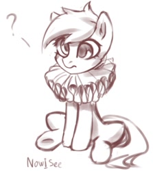 Size: 629x706 | Tagged: safe, artist:inowiseei, imported from derpibooru, derpy hooves, earth pony, pony, female, mare, monochrome, question mark, race swap, ruff (clothing), sitting, sketch, solo, wingless