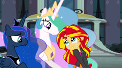 Size: 1920x1080 | Tagged: safe, artist:conthauberger, imported from derpibooru, screencap, princess celestia, princess luna, sunset shimmer, pony, equestria girls, equestria girls (movie), spoiler:eqg specials, alternate universe, apology, begging, canterlot high, clothes, crying, forgiveness, jacket, leather jacket, sad