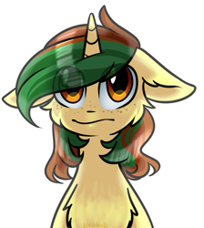 Size: 1015x1132 | Tagged: safe, artist:gnidagovnida, imported from derpibooru, oc, oc only, oc:northern spring, pony, unicorn, bust, cheek fluff, chest fluff, eye clipping through hair, female, floppy ears, freckles, simple background, solo, white background