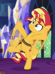 Size: 558x744 | Tagged: safe, imported from derpibooru, screencap, sunset shimmer, pony, unicorn, equestria girls, mirror magic, spoiler:eqg specials, adorable distress, animated, bipedal, book, cropped, cute, female, flailing, gif, i believe i can fly, in the human world for too long, majestic as fuck, saddle bag, shimmerbetes, silly, silly pony, solo, twilight's castle