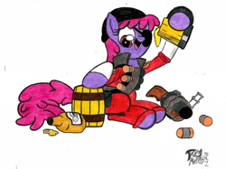Size: 2111x1583 | Tagged: safe, artist:brekrofmadness, imported from derpibooru, berry punch, berryshine, pony, cider, crossover, demoman, drunk, female, go home you're drunk, keg, mug, solo, tankard, team fortress 2, traditional art