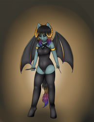 Size: 2894x3757 | Tagged: safe, artist:nero9, imported from derpibooru, oc, oc only, oc:anoda, anthro, demon, succubus, unguligrade anthro, badass, balisong, bat wings, black sclera, clothes, female, horns, knife, leotard, pentagram, solo, stockings, thigh highs