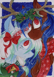 Size: 1024x1458 | Tagged: safe, artist:scootiegp, imported from derpibooru, oc, oc only, deer, original species, pegasus, reindeer, band, bell, bow, braid, christmas, christmas wreath, clothes, female, holiday, holly, male, mare, scarf, shipping, signature, simple background, smiling, stallion, stars, straight, traditional art, wreath