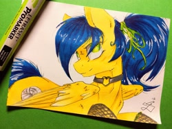 Size: 1024x768 | Tagged: safe, artist:scootiegp, imported from derpibooru, oc, oc only, pegasus, pony, band, choker, clothes, female, heart, jewelry, looking at you, mare, marker, marker drawing, necklace, promarker, signature, simple background, smiling, socks, solo, traditional art, white background