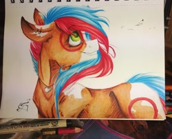 Size: 1024x828 | Tagged: safe, artist:scootiegp, imported from derpibooru, oc, oc only, earth pony, pony, ear piercing, earring, feather, female, grin, heart, jewelry, looking up, mare, necklace, paper, piercing, round, signature, simple background, smiling, traditional art, white background
