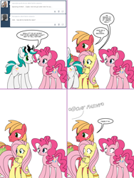 Size: 1204x1604 | Tagged: safe, artist:dekomaru, imported from derpibooru, big macintosh, fluttershy, pinkie pie, oc, oc:dazzle, earth pony, pony, tumblr:ask twixie, ask, canon x oc, comic, female, fluttermac, male, ring, shipping, simple background, stallion, straight, tumblr, wedding ring, white background