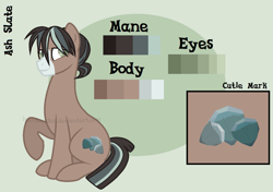 Size: 1353x950 | Tagged: safe, artist:ipandacakes, imported from derpibooru, oc, oc only, oc:ash slate, earth pony, pony, male, offspring, parent:marble pie, parent:trouble shoes, parent:troubleshoes clyde, parents:marbleshoes, reference sheet, sitting, solo, stallion