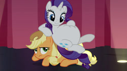 Size: 1024x575 | Tagged: safe, artist:jamesawilliams1996, edit, edited screencap, imported from derpibooru, screencap, applejack, rarity, pony, fame and misfortune, appleseat, belly, big belly, duo, fat, fat edit, female, overweight, raritubby