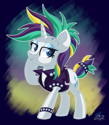 Size: 1680x1924 | Tagged: safe, artist:iheartjapan789, imported from derpibooru, rarity, pony, unicorn, it isn't the mane thing about you, alternate hairstyle, clothes, female, mare, movie accurate, punk, raised hoof, raripunk, smiling, solo