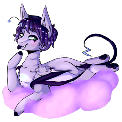 Size: 1000x1000 | Tagged: safe, artist:cinnamonsparx, imported from derpibooru, oc, oc only, oc:perilous skies, oc:porcelain skies, original species, pony, antennae, bat wings, cloud, fangs, hooves, lying on a cloud, male, on a cloud, prone, rule 63, simple background, solo, stallion, tongue out, transparent background