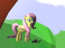 Size: 800x598 | Tagged: safe, artist:dragonicbladex, imported from derpibooru, fluttershy, pegasus, pony, cloud, female, field, grass, grass field, ledge, mare, outdoors, shadow, shiny, smiling, solo, standing, tree